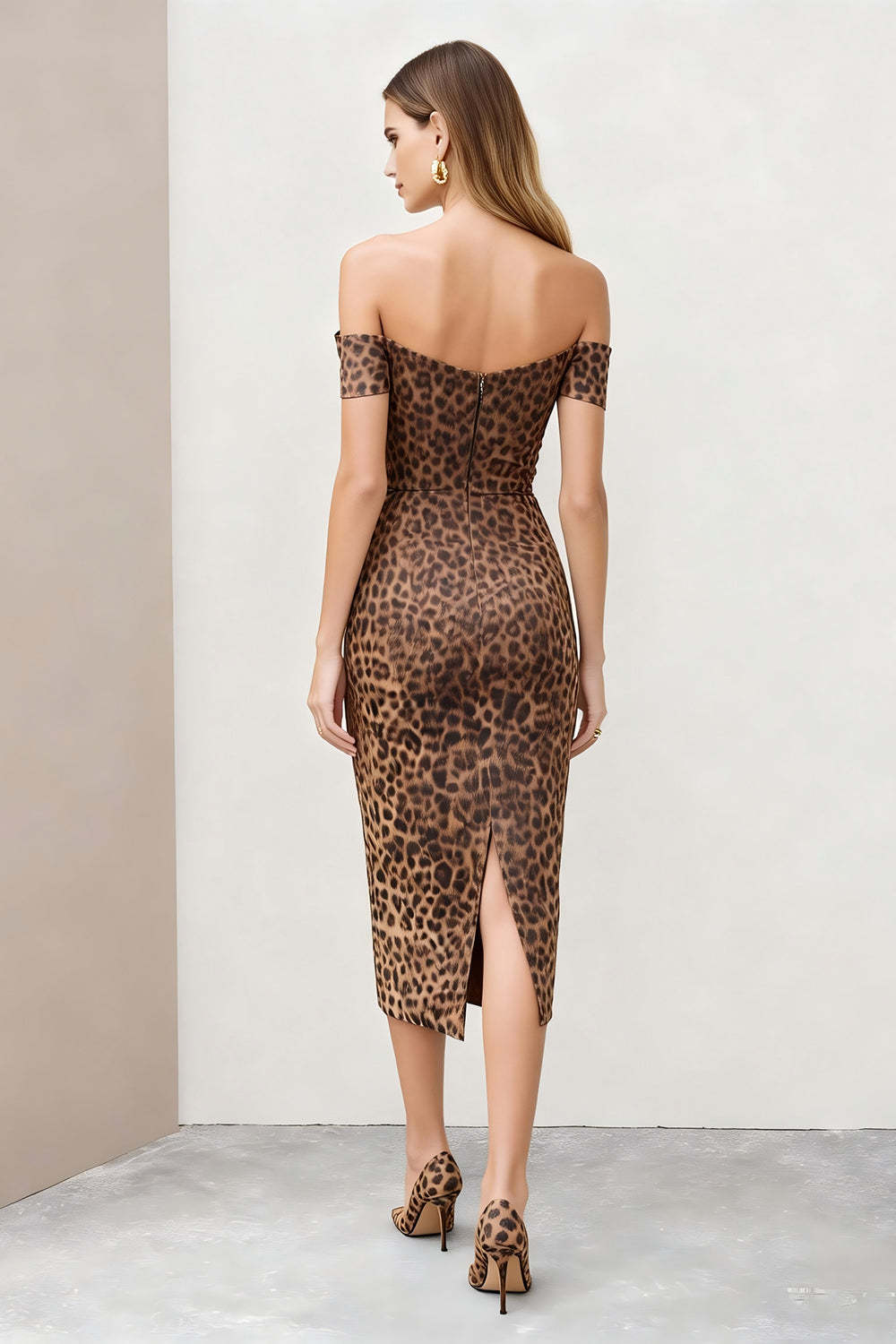 Brown Off the Shoulder Leopard Print Pencil Midi Work Dress