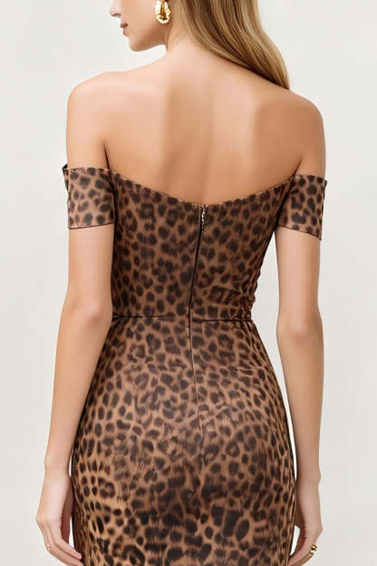 Brown Off the Shoulder Leopard Print Pencil Midi Work Dress