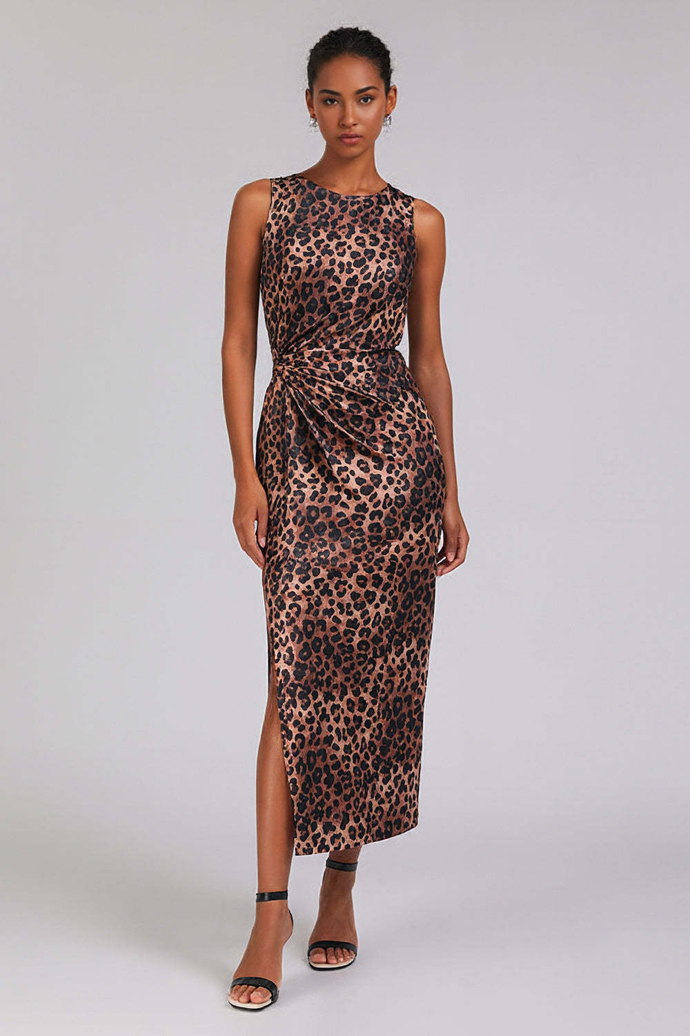 Leely Women Brown Leopard Print Long Work Dress with Slit Pencil Crew Neck Ruched Business Dress