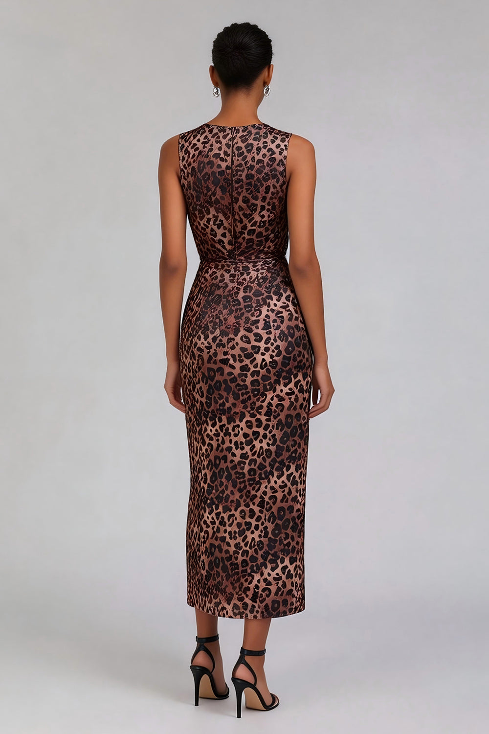 Brown Leopard Print Sleeveless Pencil Long Work Dress with Slit