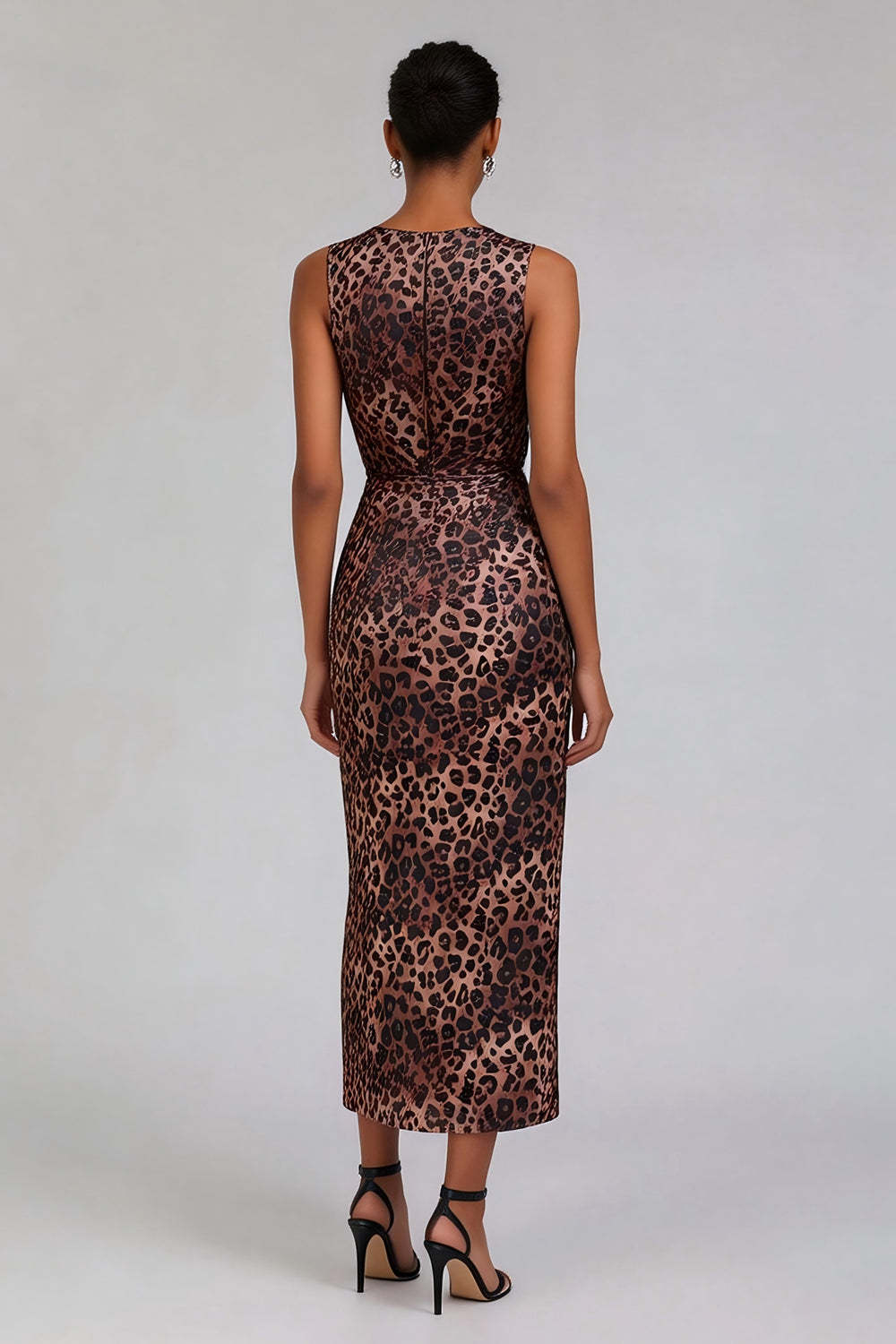 Brown Leopard Print Sleeveless Pencil Long Work Dress with Slit