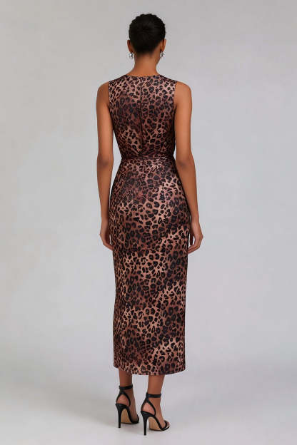 Brown Leopard Print Sleeveless Pencil Long Work Dress with Slit