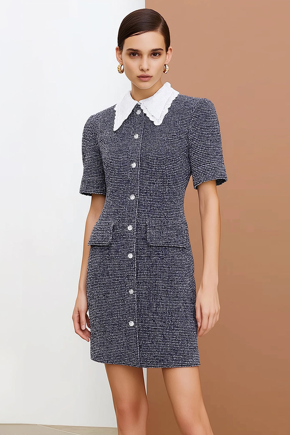 Dark Grey Peter Pan Collar Tweed Short Work Dress with Sleeves