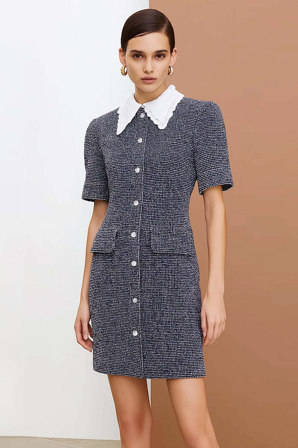 Leely Women Dark Grey Pencil Tweed Short Work Dress Peter Pan Collar Single Breasted Business Dress with Sleeves
