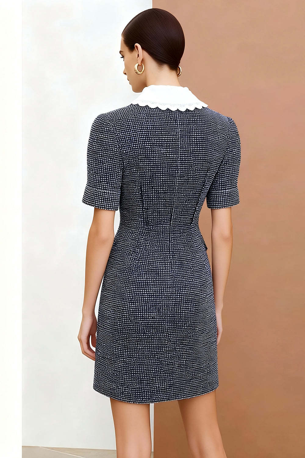 Dark Grey Peter Pan Collar Tweed Short Work Dress with Sleeves
