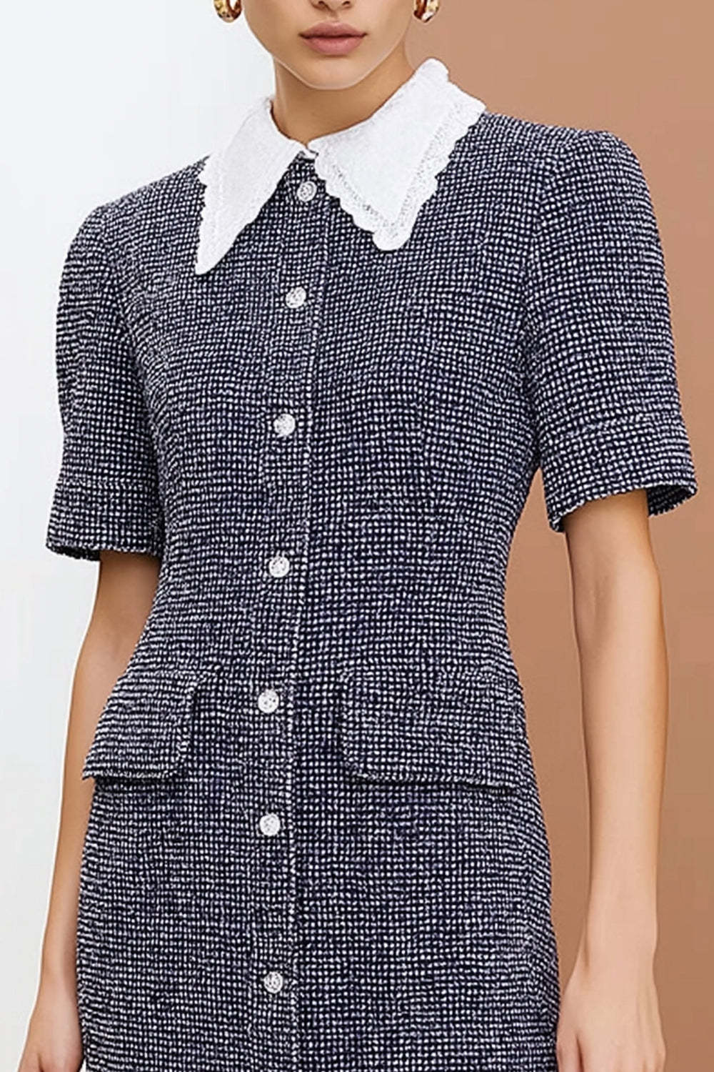 Dark Grey Peter Pan Collar Tweed Short Work Dress with Sleeves