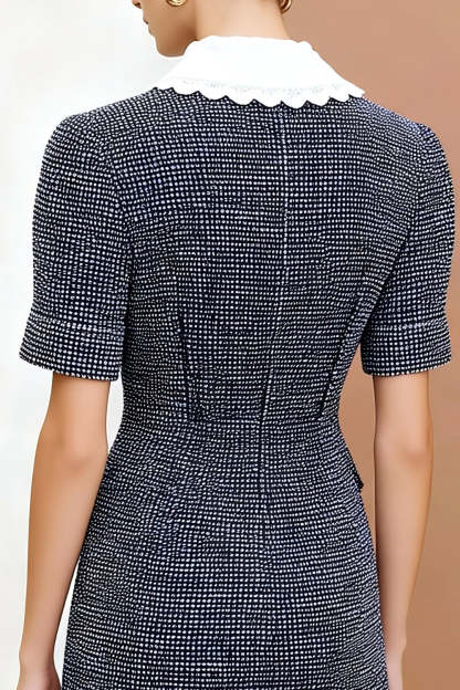 Dark Grey Peter Pan Collar Tweed Short Work Dress with Sleeves
