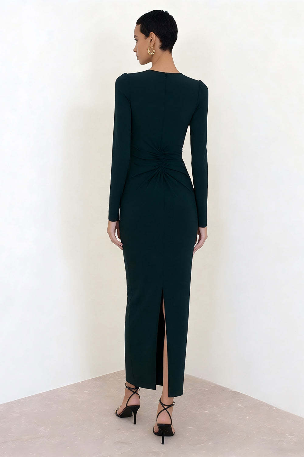 Simple Dark Green Crew Neck Pencil Long Work Dress with Sleeves