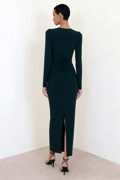 Simple Dark Green Crew Neck Pencil Long Work Dress with Sleeves