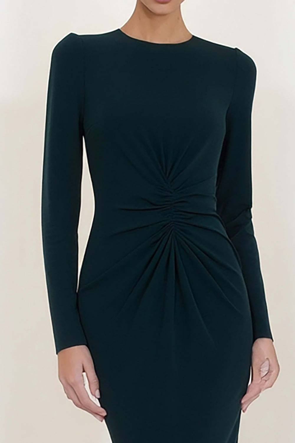 Simple Dark Green Crew Neck Pencil Long Work Dress with Sleeves