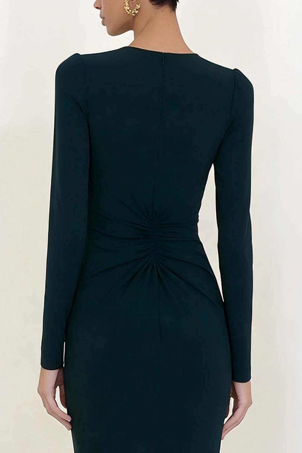 Simple Dark Green Crew Neck Pencil Long Work Dress with Sleeves