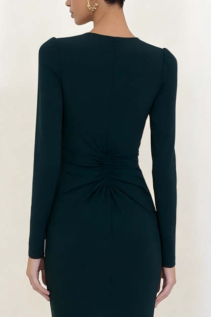 Simple Dark Green Crew Neck Pencil Long Work Dress with Sleeves