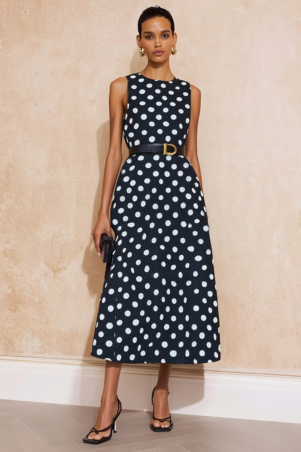 Navy and White Polka Dots A Line Maxi Work Dress with Belt