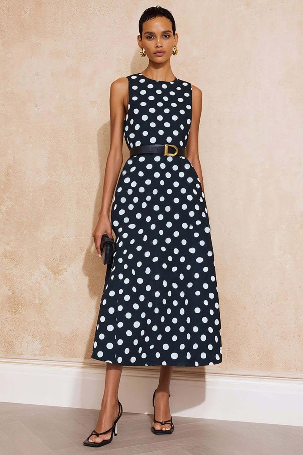 Leely Women Navy and White Polka Dots Maxi Work Dress with Belt A Line Crew Neck Interview Dress