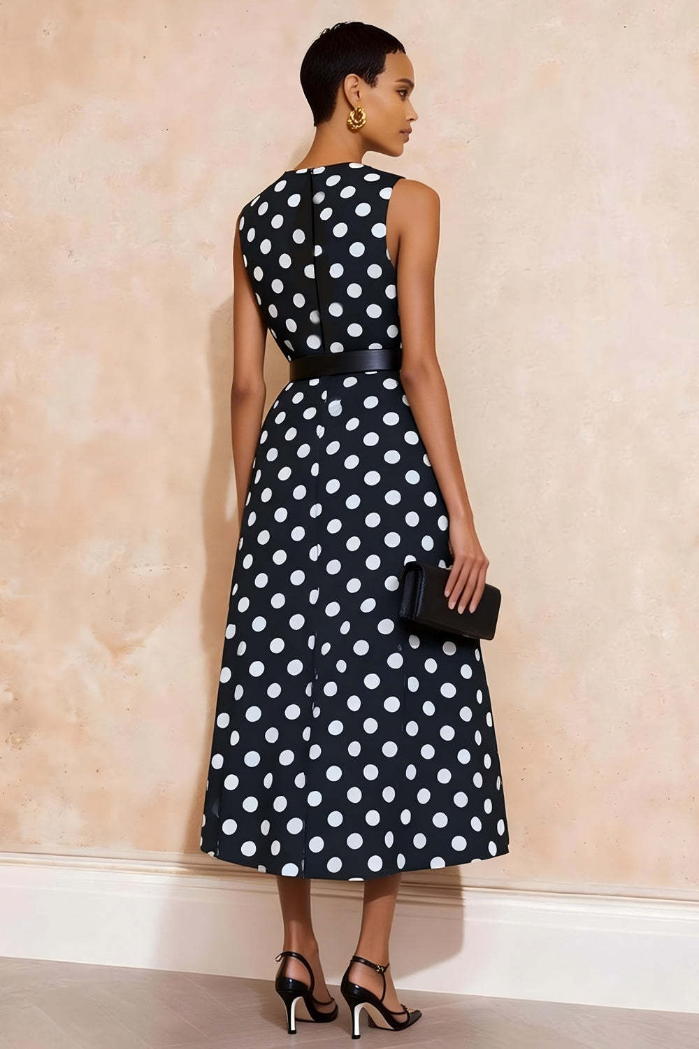 Navy and White Polka Dots A Line Maxi Work Dress with Belt