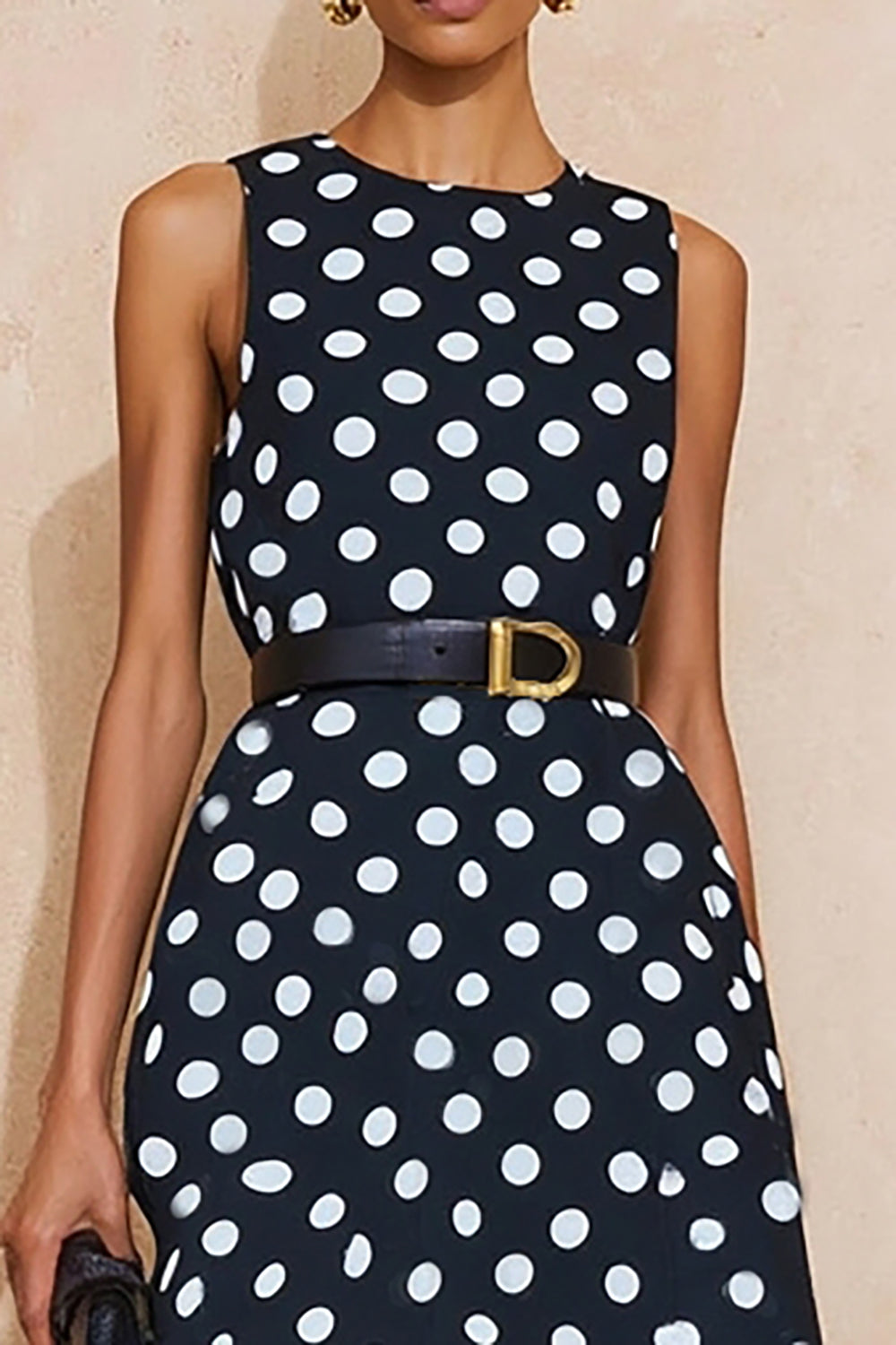 Navy and White Polka Dots A Line Maxi Work Dress with Belt