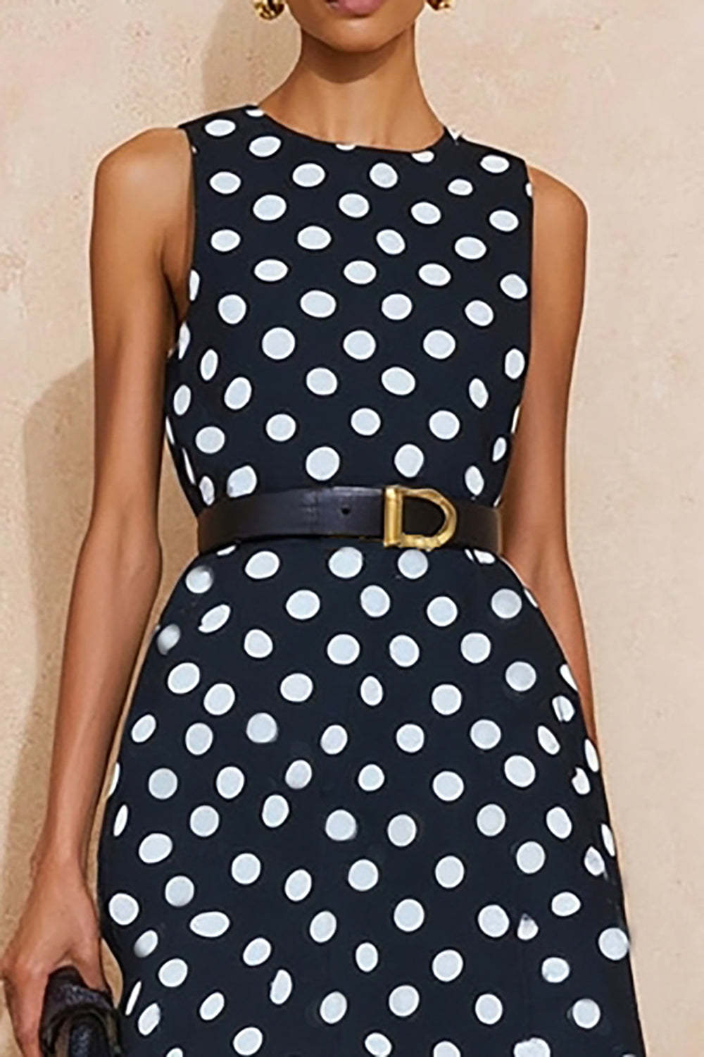 Navy and White Polka Dots A Line Maxi Work Dress with Belt