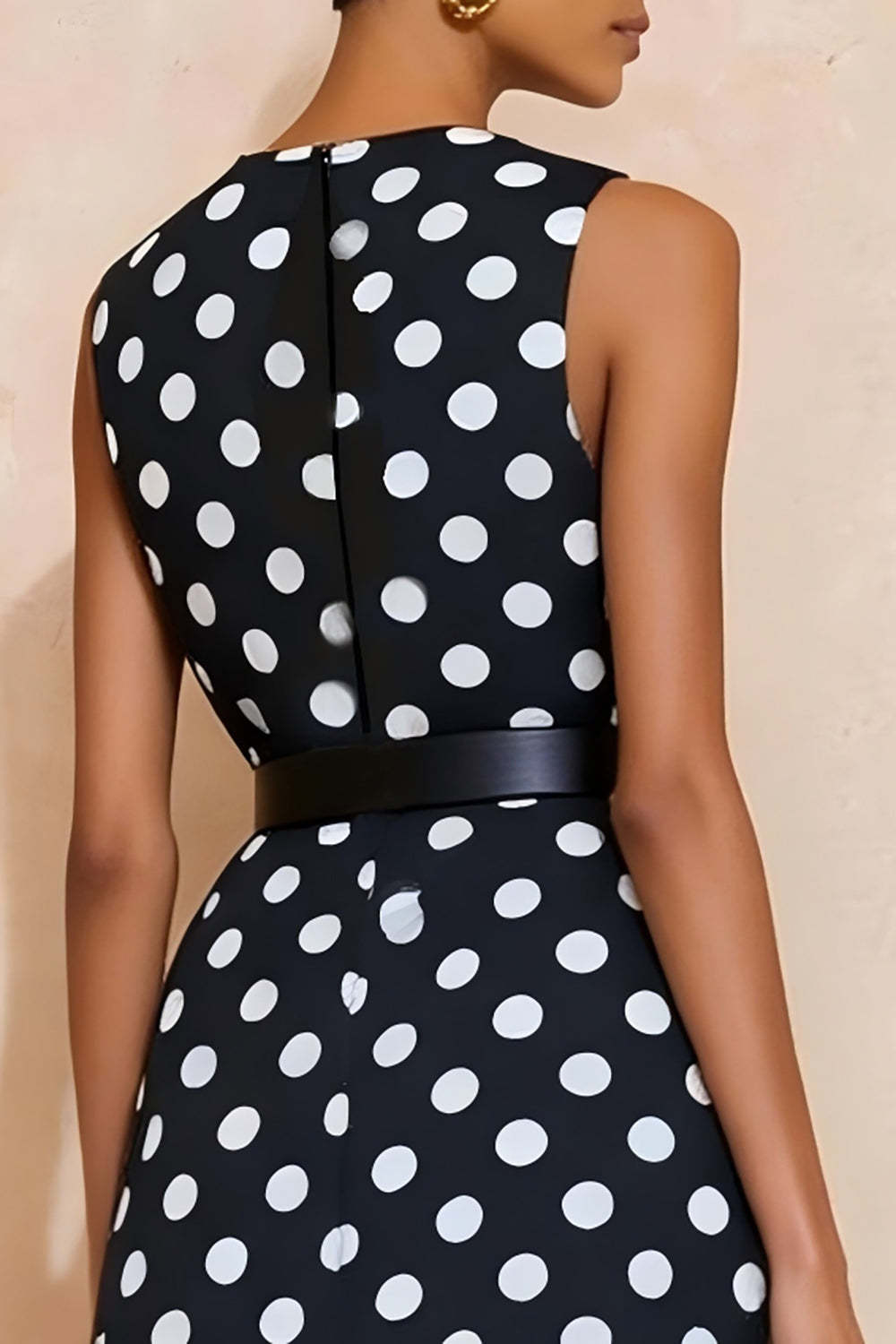 Navy and White Polka Dots A Line Maxi Work Dress with Belt