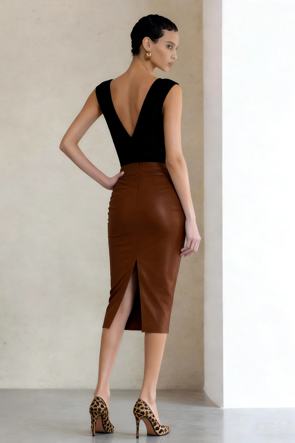 Black and Brown Deep V-Neck Pencil Midi Work Dress