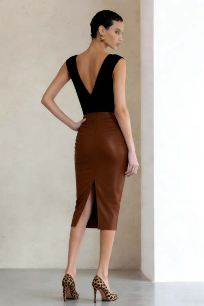 Black and Brown Deep V-Neck Pencil Midi Work Dress