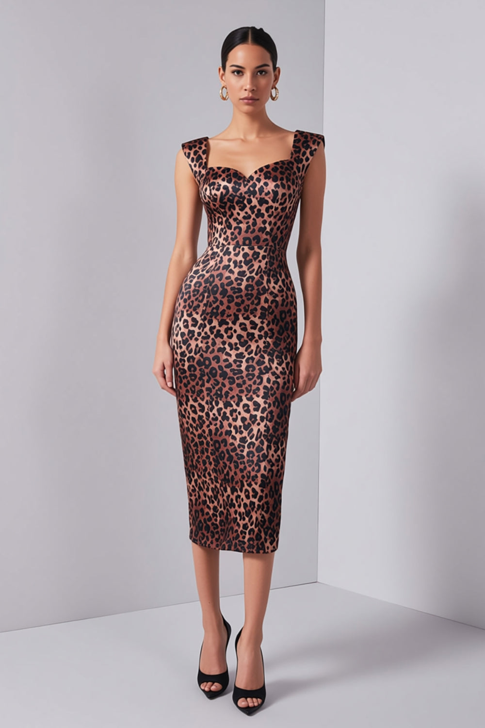 Brown Leopard Print Pencil Sweetheart Midi Work Dress