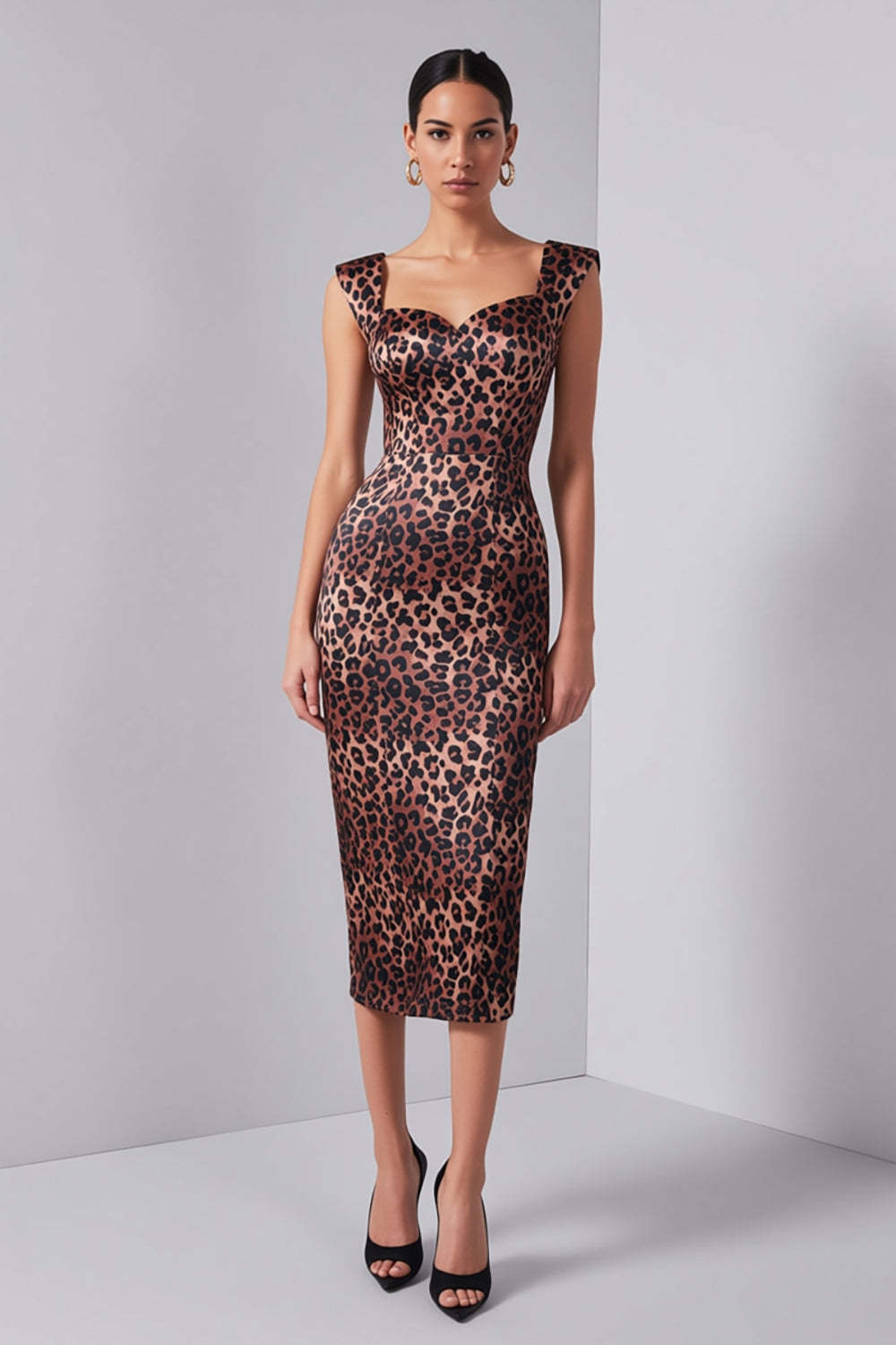Leely Women Brown Leopard Print Midi Work Dress Pencil Sweetheart Backless Business Dress with Slit