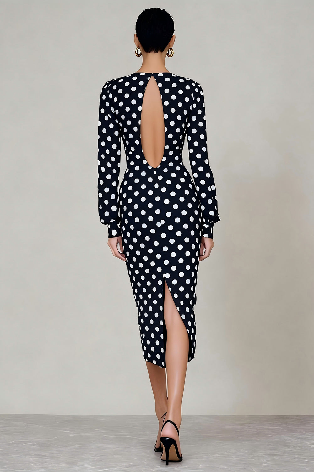 Black and White Polka Dots Midi Open Back Work Dress with Sleeves