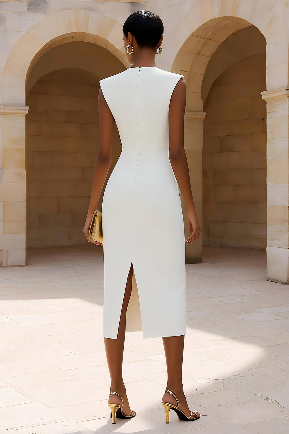 Ivory Crew Neck Pencil Midi Work Dress with Back Slit