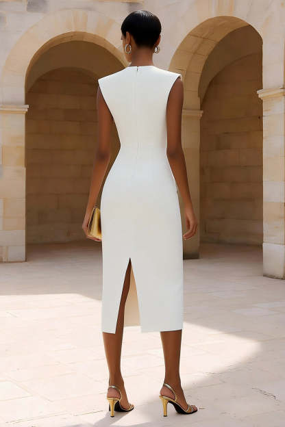 Ivory Crew Neck Pencil Midi Work Dress with Back Slit