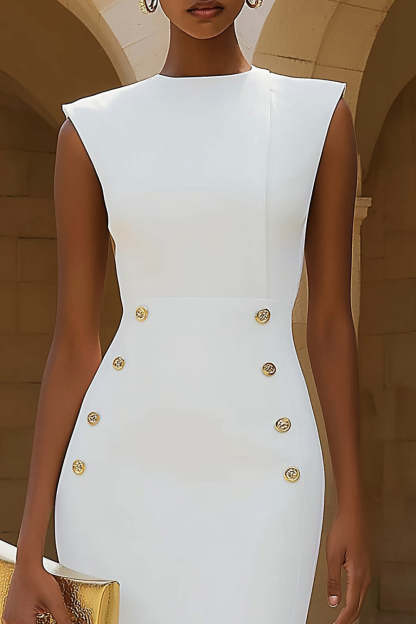Ivory Crew Neck Pencil Midi Work Dress with Back Slit