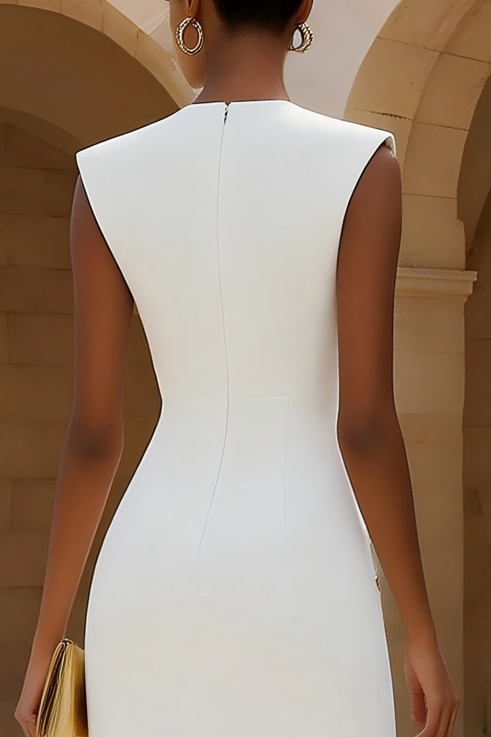 Ivory Crew Neck Pencil Midi Work Dress with Back Slit