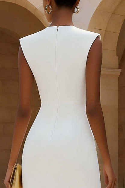 Ivory Crew Neck Pencil Midi Work Dress with Back Slit