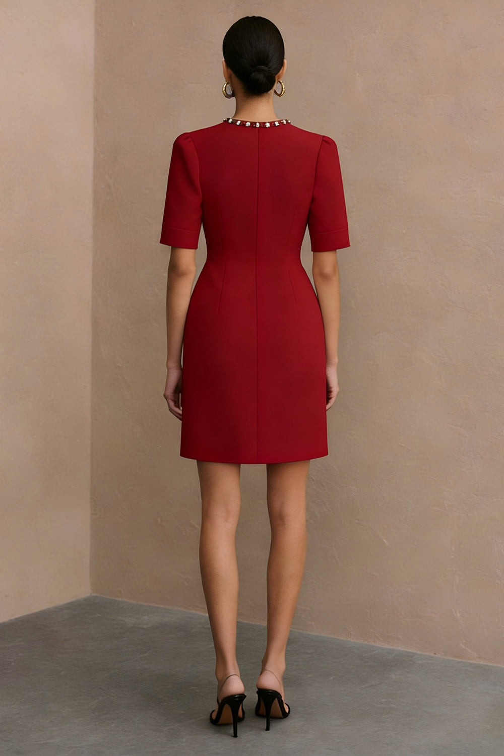 Ivory Crew Neck Short Pencil Work Dress with Sleeves