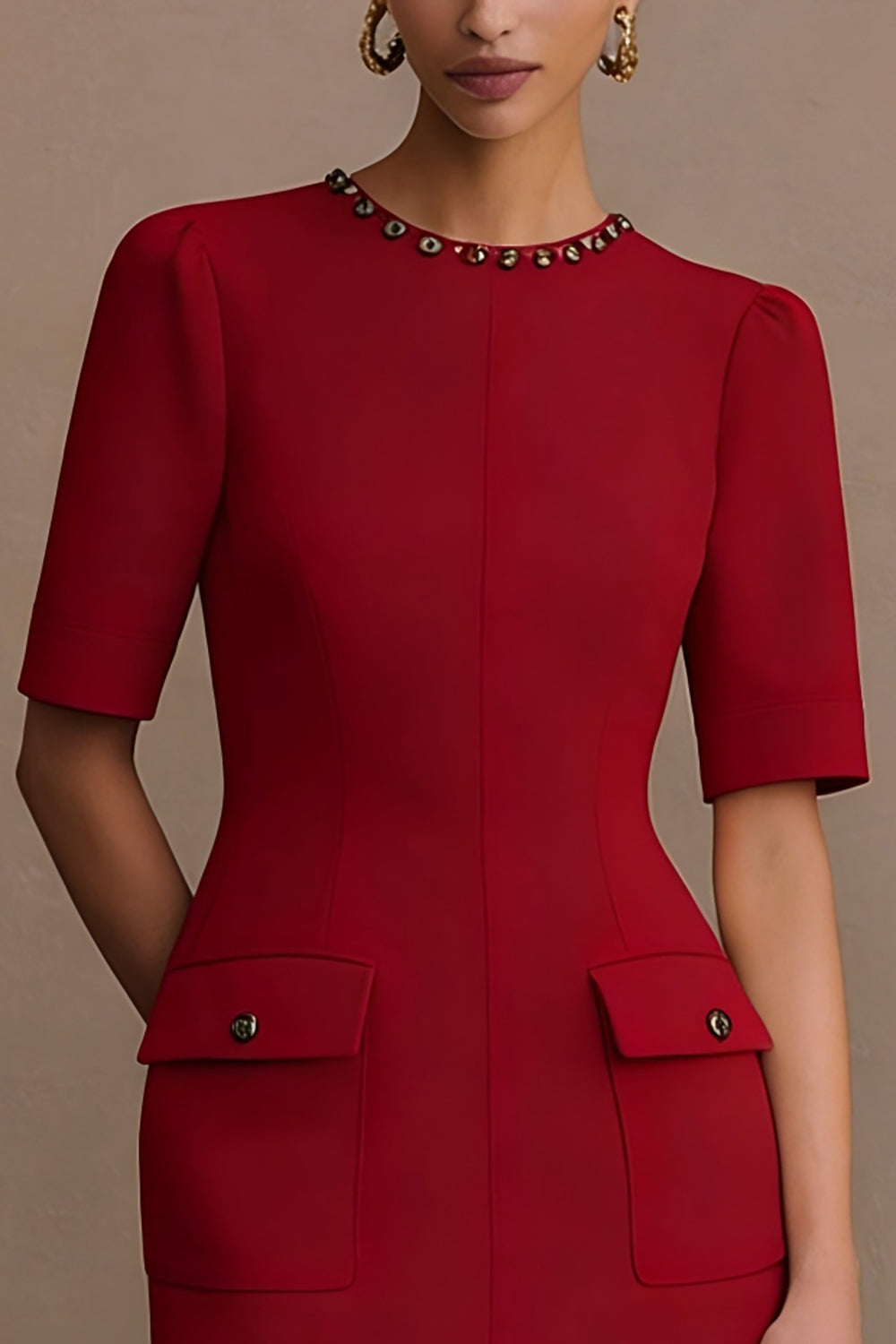 Ivory Crew Neck Short Pencil Work Dress with Sleeves