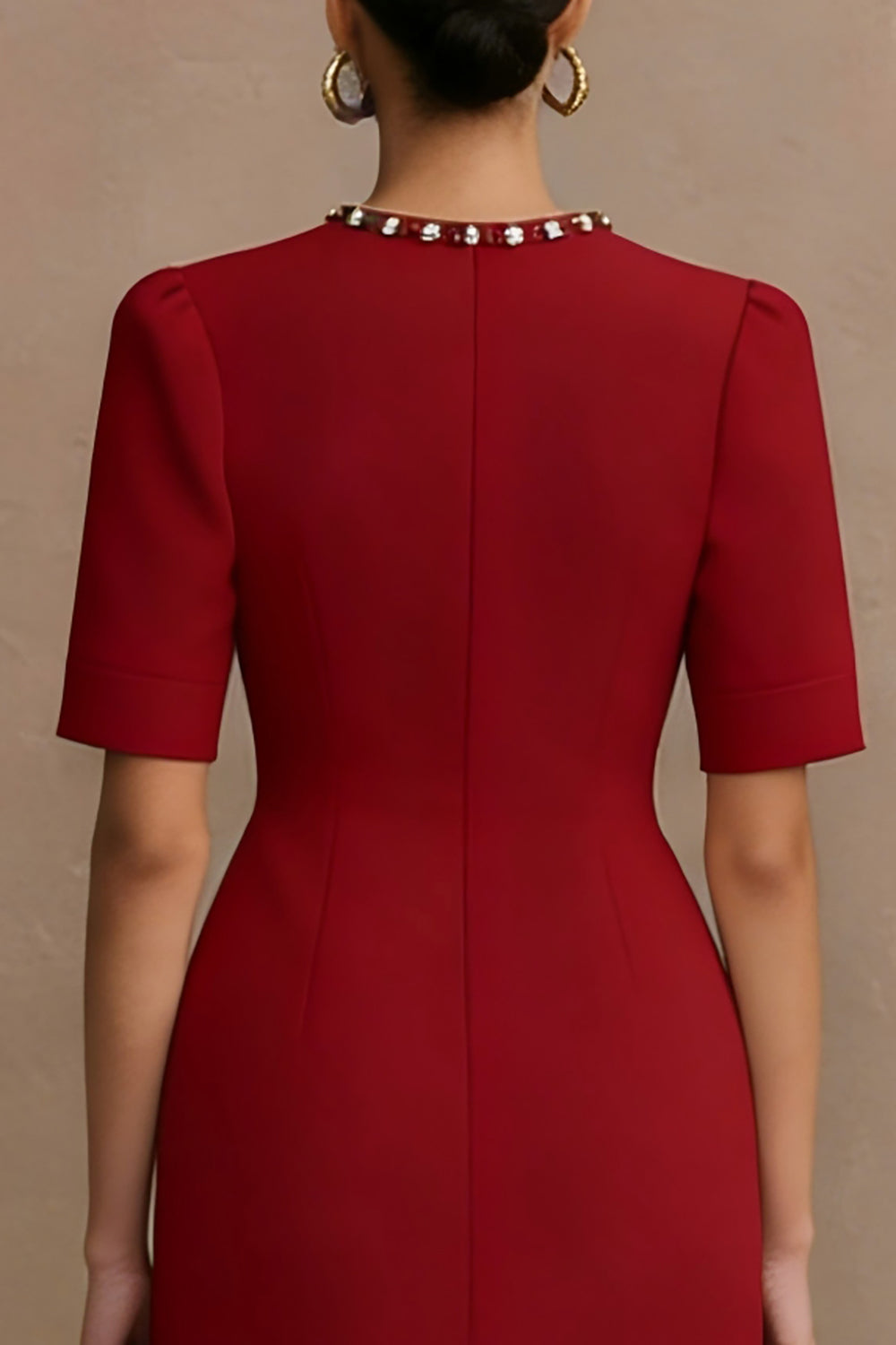 Ivory Crew Neck Short Pencil Work Dress with Sleeves