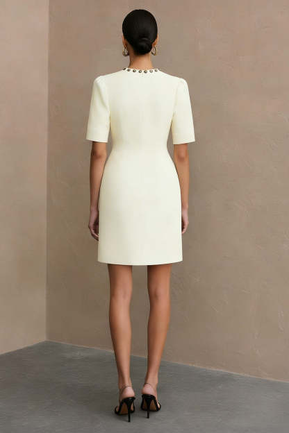 Ivory Crew Neck Short Pencil Work Dress with Sleeves