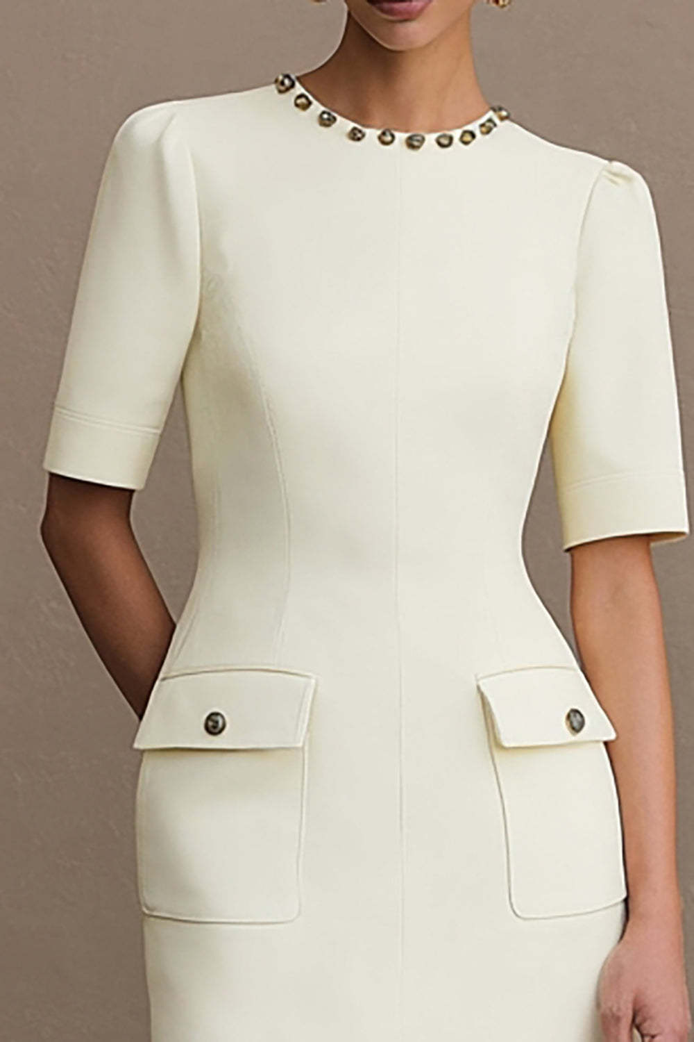 Ivory Crew Neck Short Pencil Work Dress with Sleeves