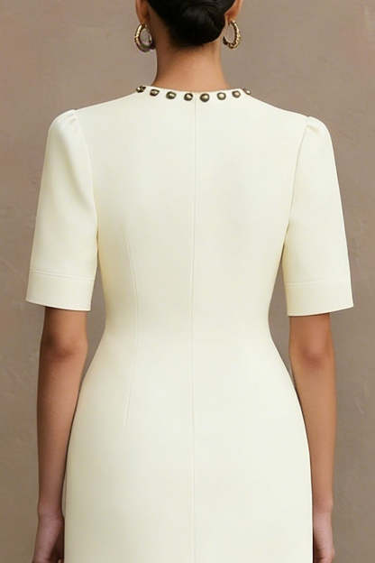 Ivory Crew Neck Short Pencil Work Dress with Sleeves