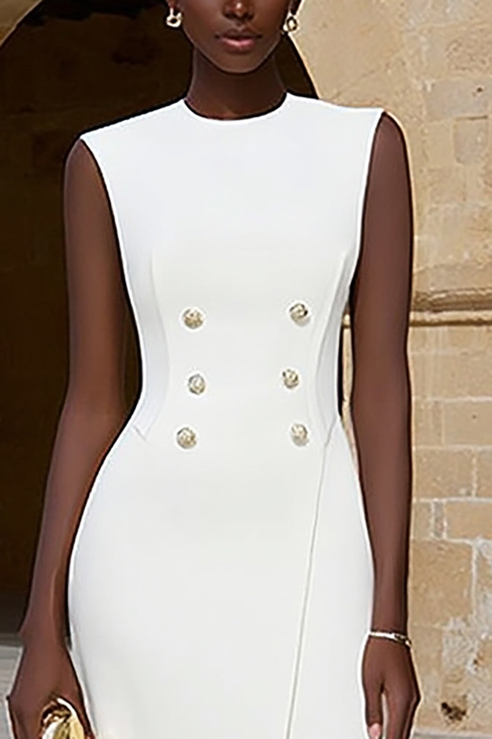 Ivory Midi Crew Neck Double Breasted Pencil Work Dress with Slit