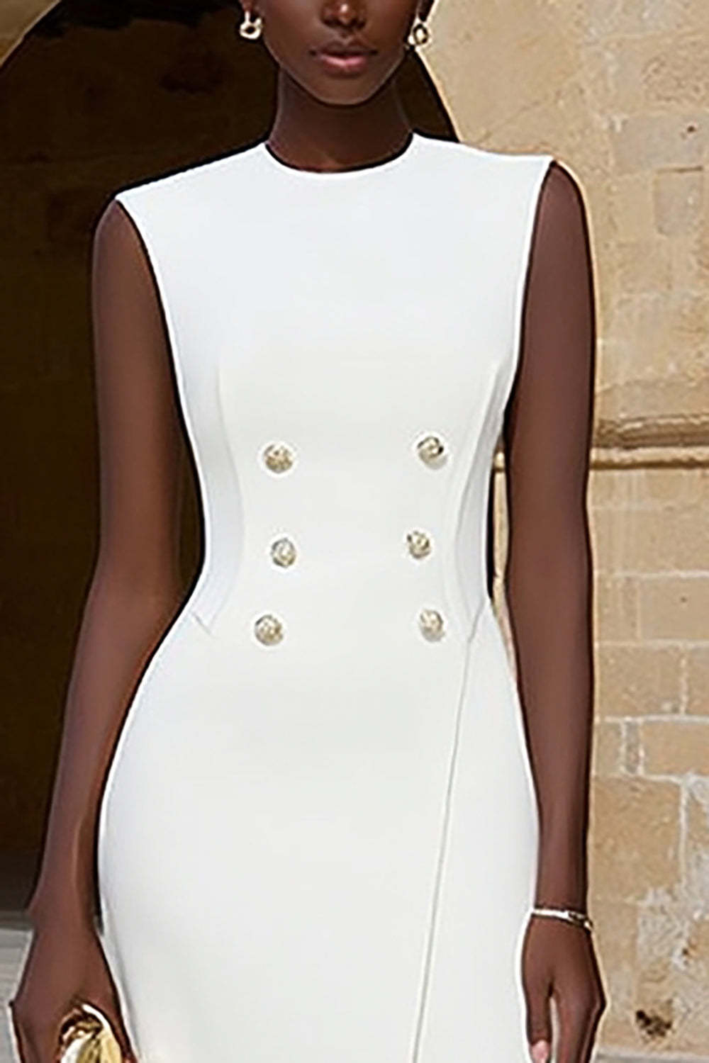 Ivory Midi Crew Neck Double Breasted Pencil Work Dress with Slit