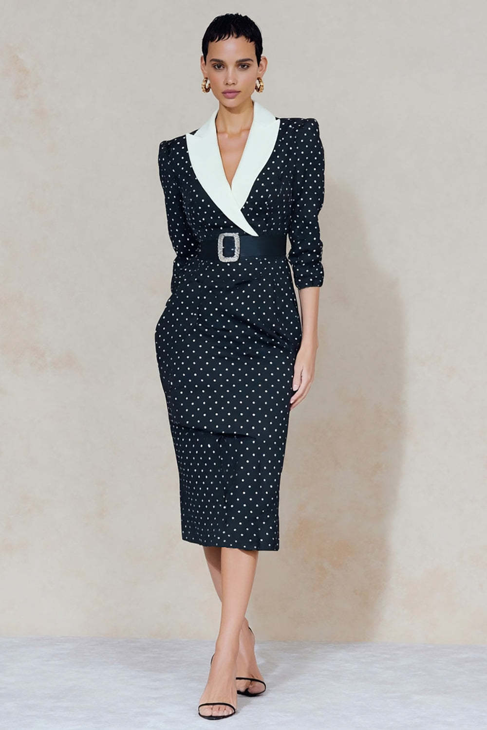 Leely Women Navy and White Polka Dots Midi Blazer Dress Peak Lapel Pencil 3/4 Sleeves Work Dress with Belt