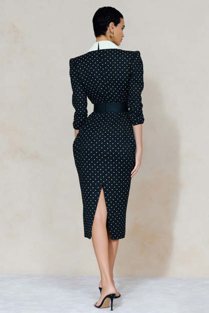 Navy and White Polka Dots Peak Lapel Midi Blazer Dress with Belt