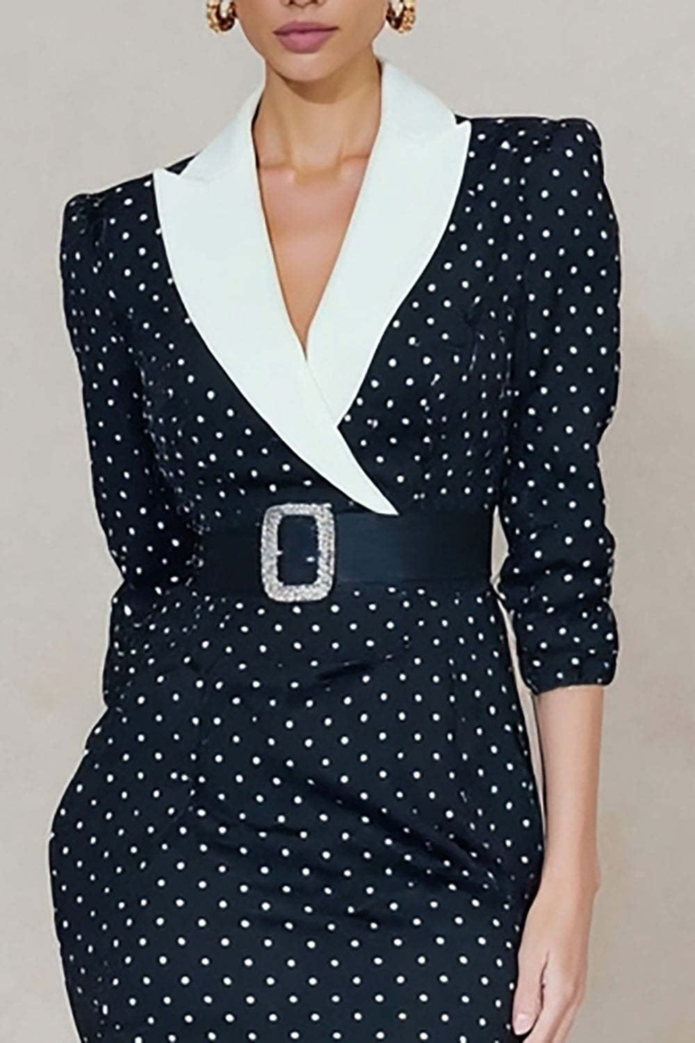 Navy and White Polka Dots Peak Lapel Midi Blazer Dress with Belt