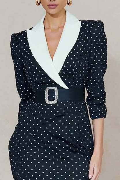 Navy and White Polka Dots Peak Lapel Midi Blazer Dress with Belt