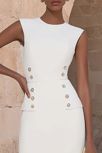 Ivory Crew Neck Pencil Midi Stylish Work Dress with Buttons