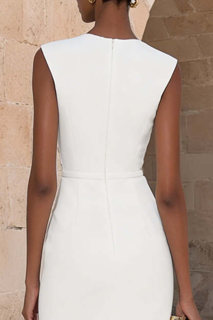 Ivory Crew Neck Pencil Midi Stylish Work Dress with Buttons