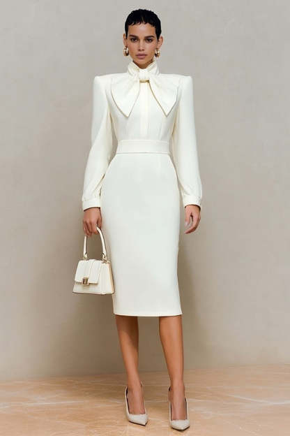 Leely Women Ivory Pencil Midi Work Dress with Bow High Neck Long Sleeves Business Dress