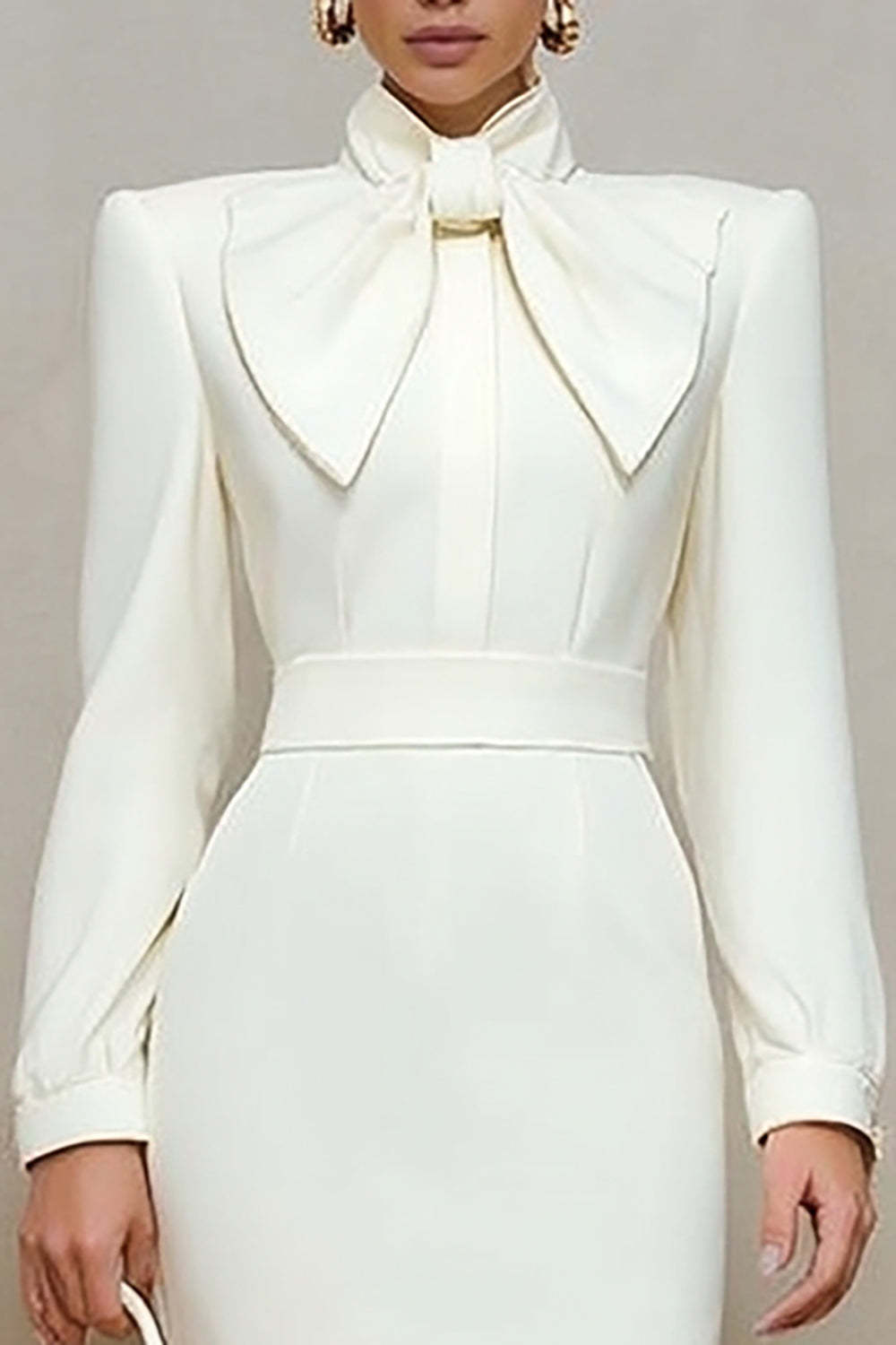 Ivory High Neck Pencil Long Sleeves Midi Work Dress with Bow