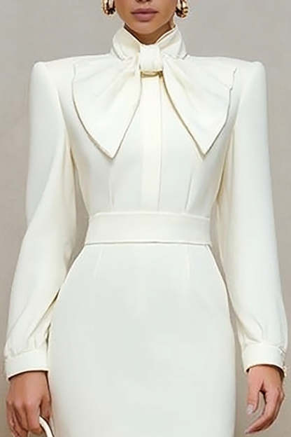 Ivory High Neck Pencil Long Sleeves Midi Work Dress with Bow