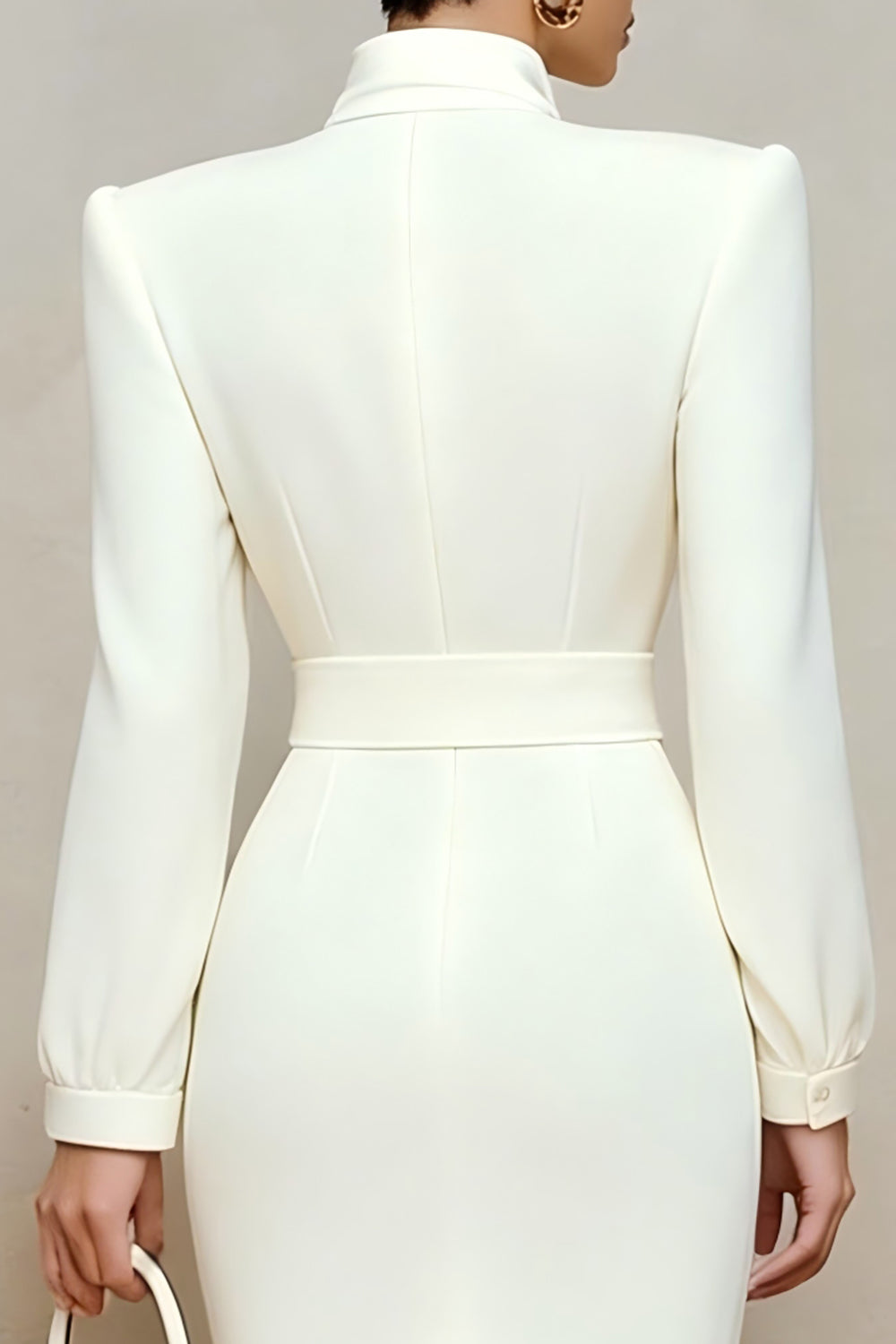 Ivory High Neck Pencil Long Sleeves Midi Work Dress with Bow